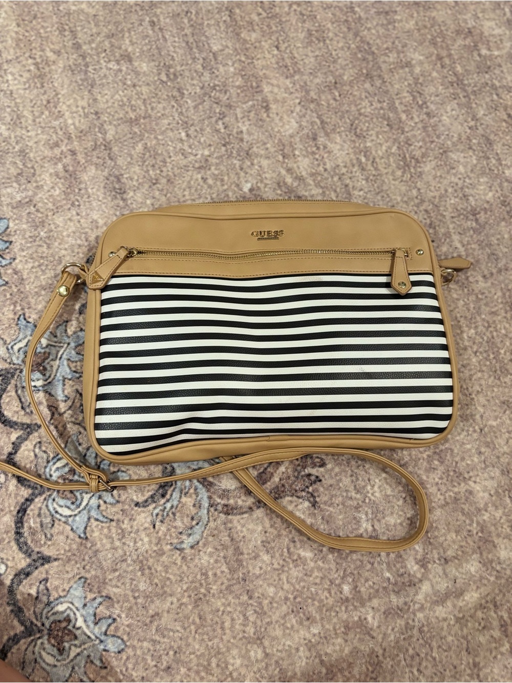 GUESS Tan and Black Striped Laptop Bag